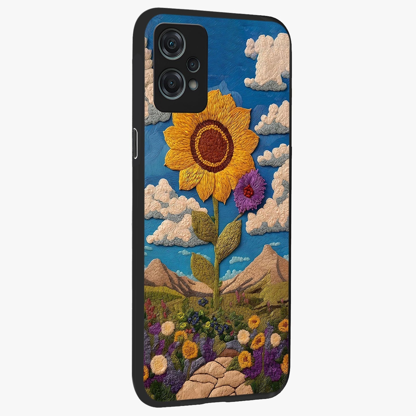 Sunflower Braid Beauty With Custom Name Glass Case for 1+Nord Ce 2 Lite side perspective highlighting custom typography and detailed bloom textures