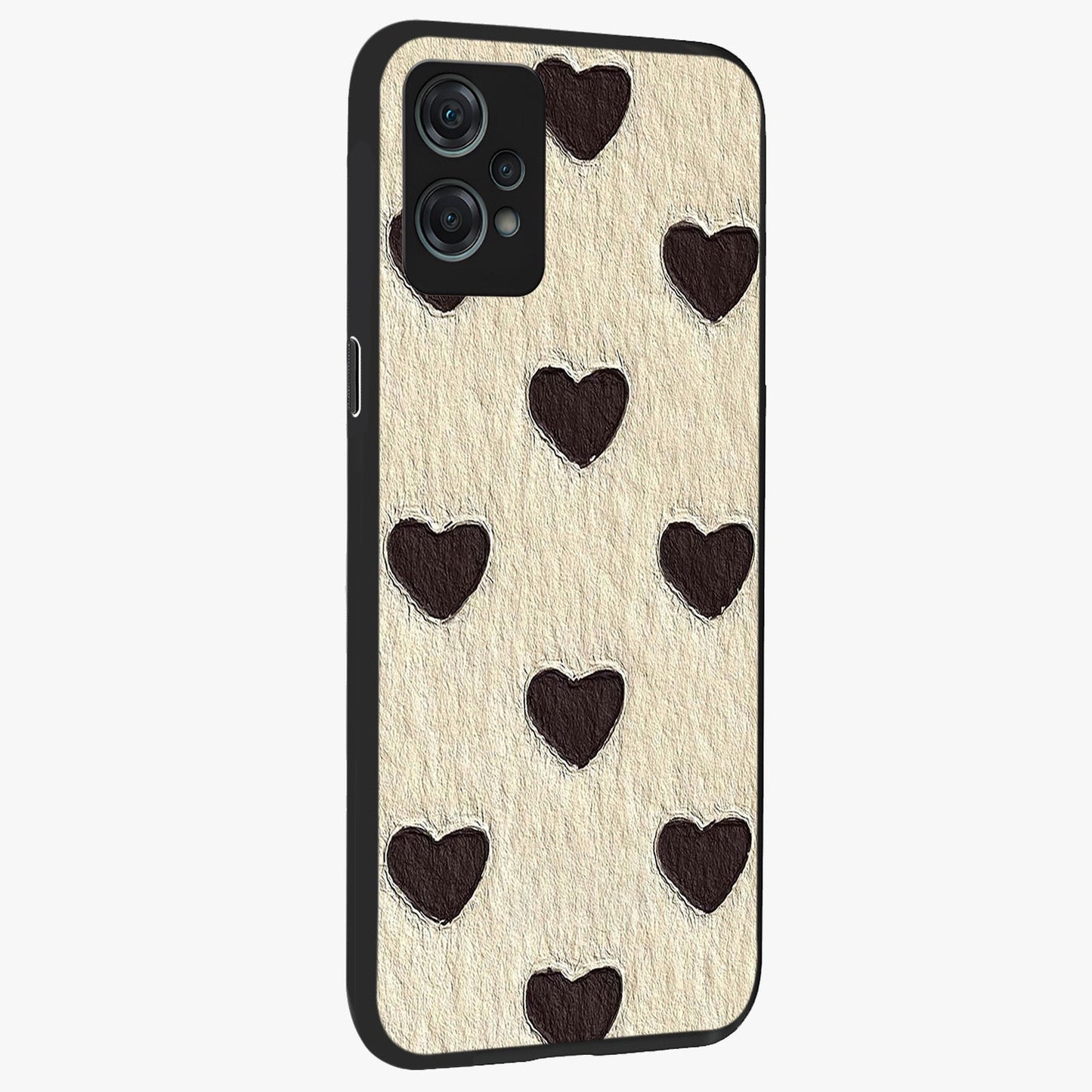 Textured Love Pattern Glass Case for 1+Nord Ce 2 Lite side perspective highlighting soft textures and smooth premium build