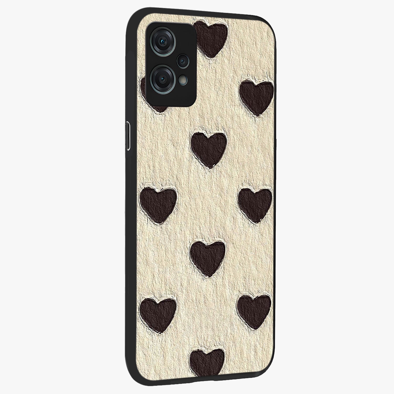 Textured Love Pattern Glass Case for 1+Nord Ce 2 Lite side perspective highlighting soft textures and smooth premium build