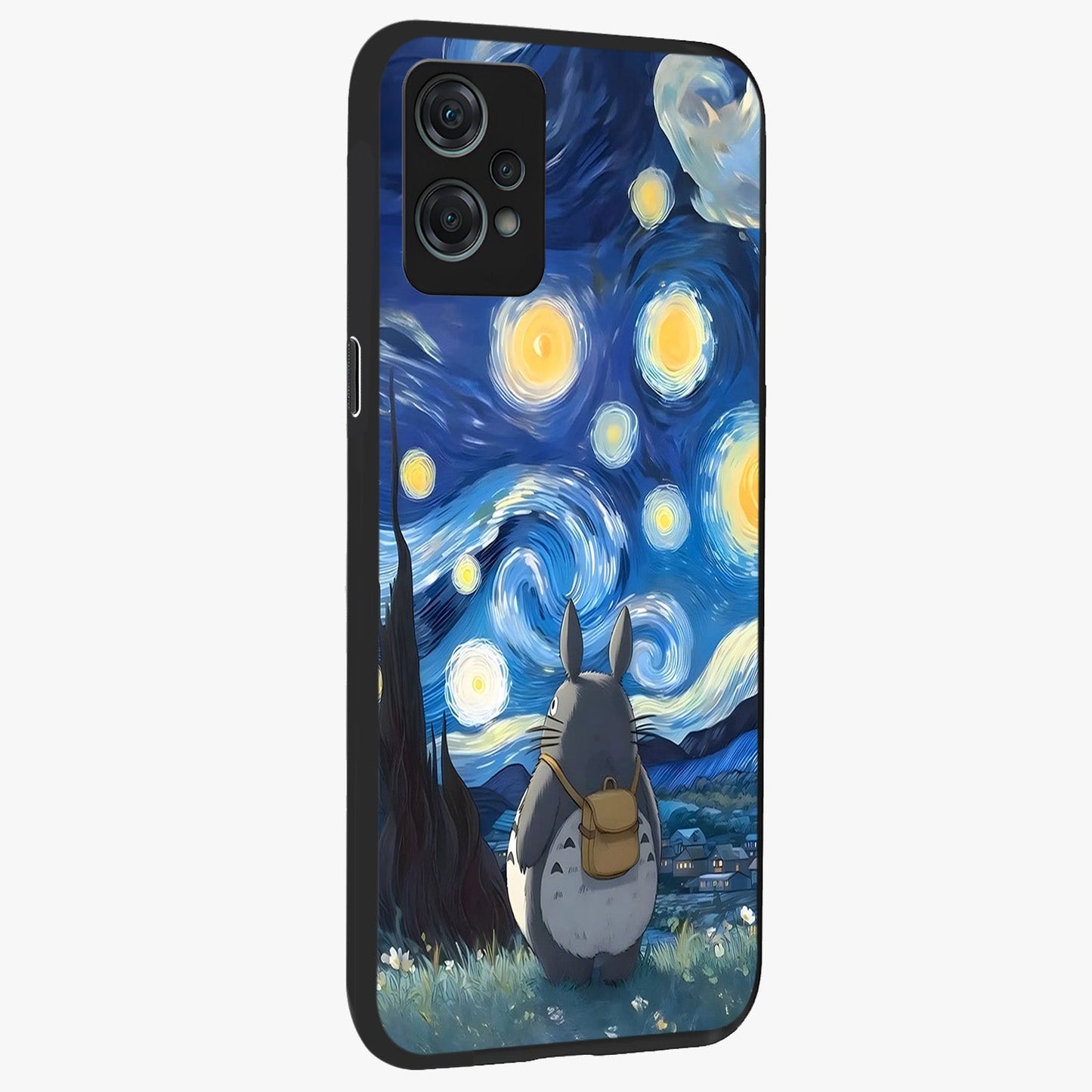 Totoro in Van Gogh Art Glass Case for 1+Nord Ce 2 Lite side perspective highlighting textured artistic patterns and premium edges