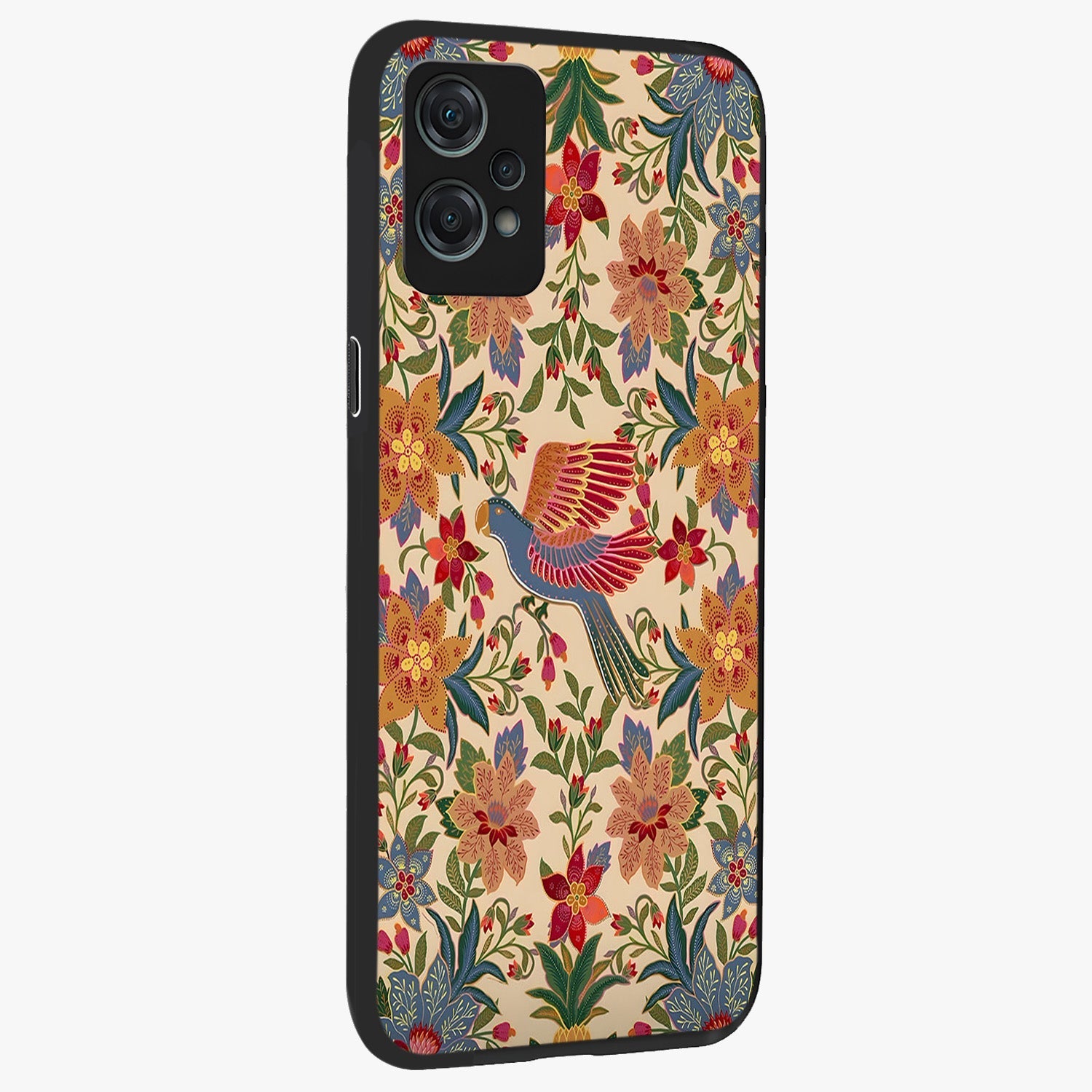Tropical Folk Art Bird Glass Case for 1+Nord Ce 2 Lite side perspective highlighting detailed feather textures and premium edges