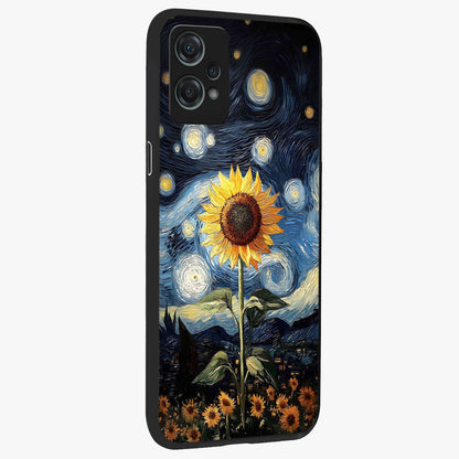 Van Gogh Sunflower Glass Case for 1+Nord Ce 2 Lite side perspective highlighting textured brushstroke details and premium edges