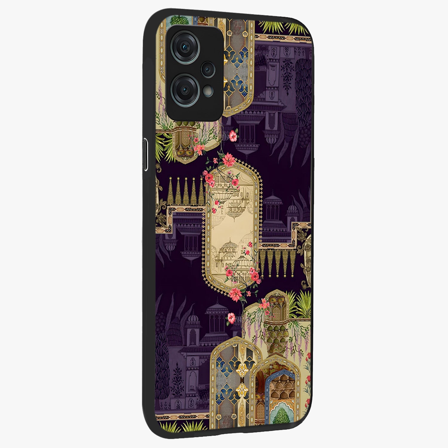 Velvet Mughal Art Glass Case for 1+Nord Ce 2 Lite side perspective highlighting ornate detailing and smooth premium build