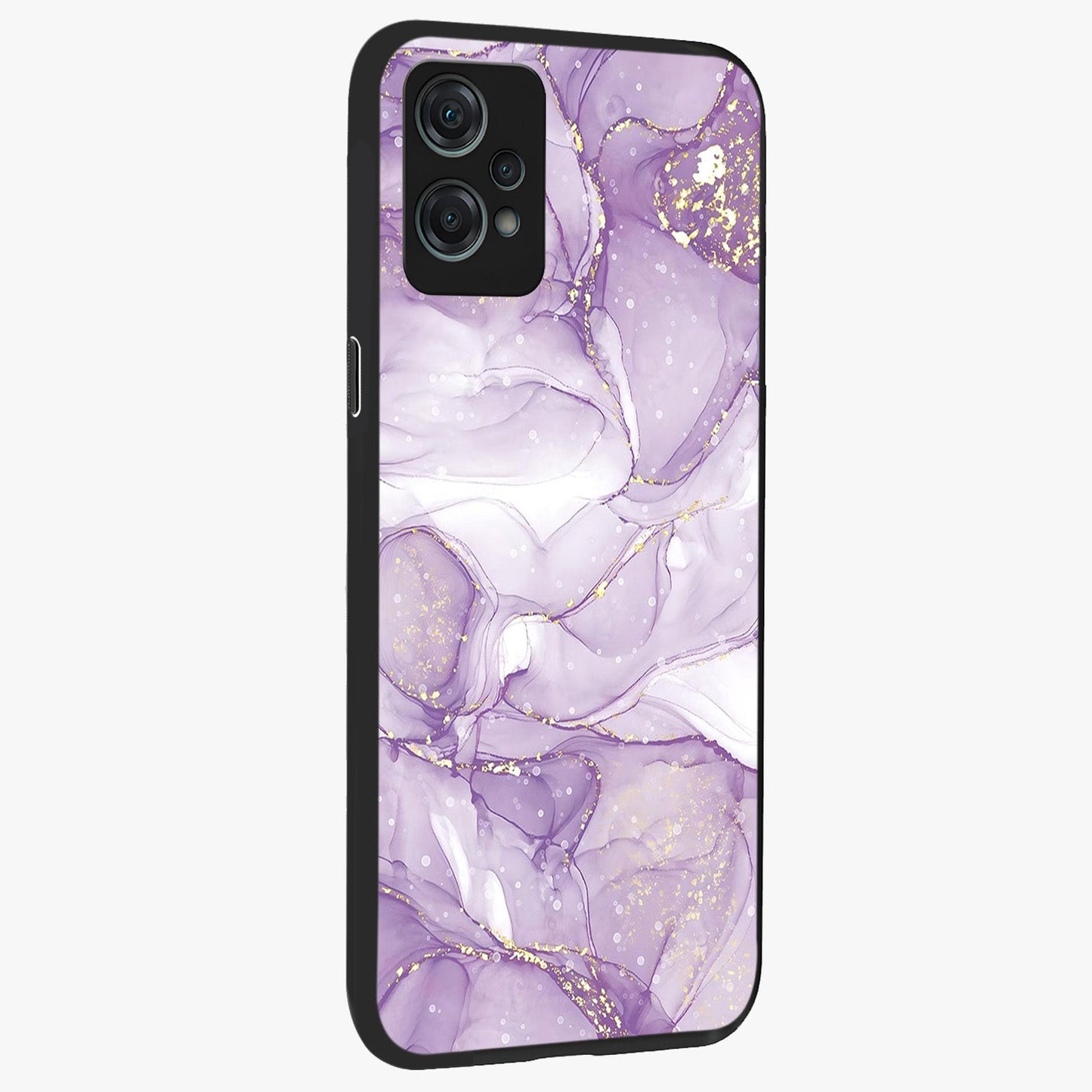 White and Purple Marble Glass Case for 1+Nord Ce 2 Lite side perspective highlighting smooth marble textures and premium edges