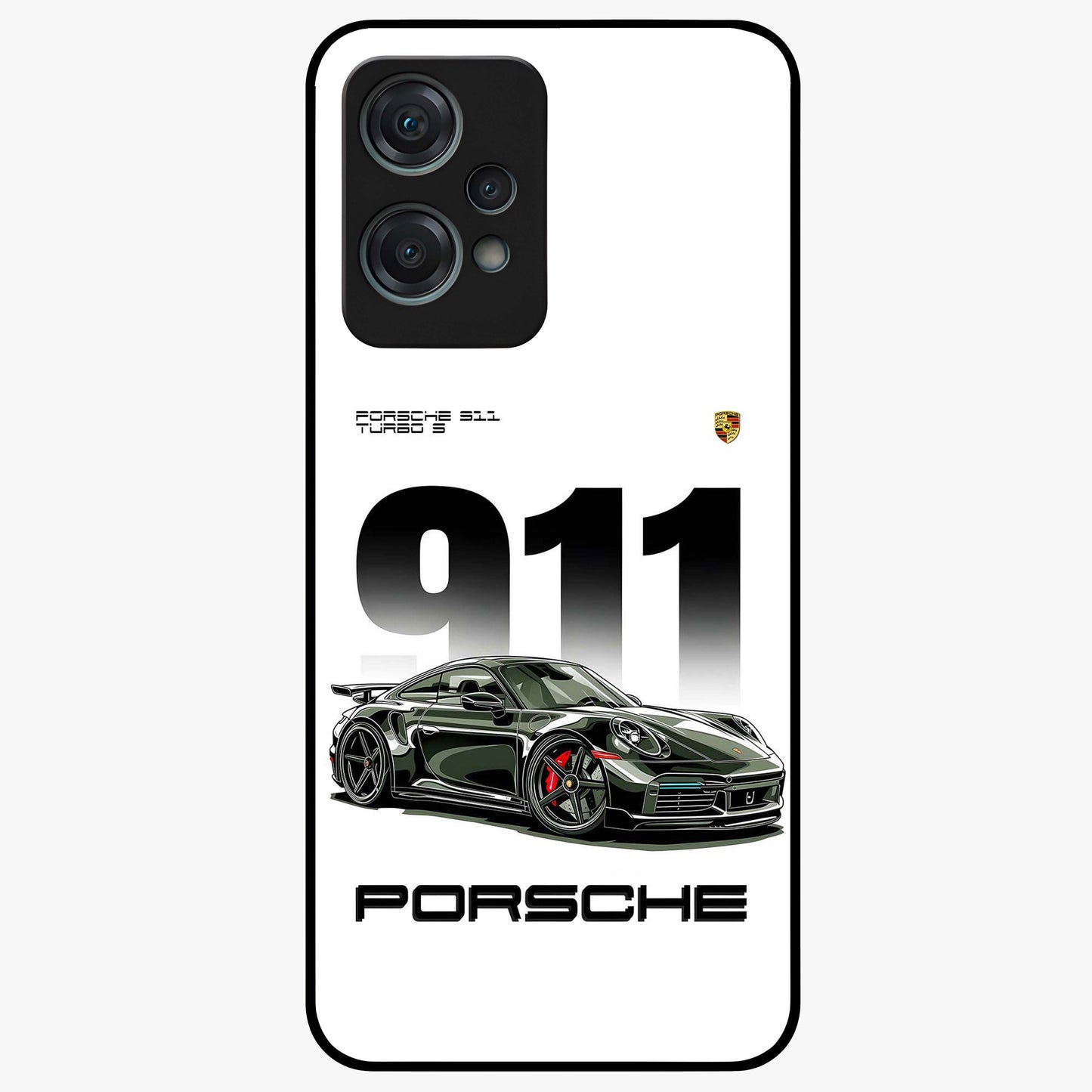 911 Turbo Dominance Glass Case for 1+Nord Ce 2 Lite bold front view featuring large 911 graphic and detailed green Porsche sports car artwork