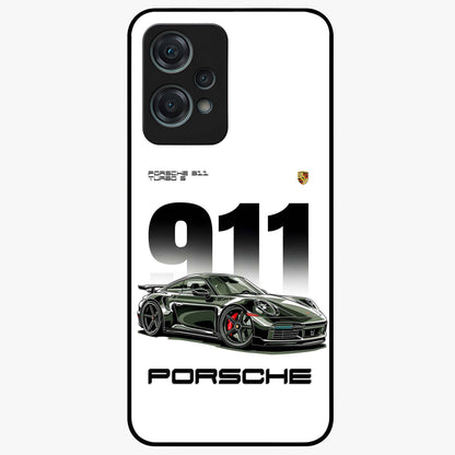 911 Turbo Dominance Glass Case for 1+Nord Ce 2 Lite bold front view featuring large 911 graphic and detailed green Porsche sports car artwork