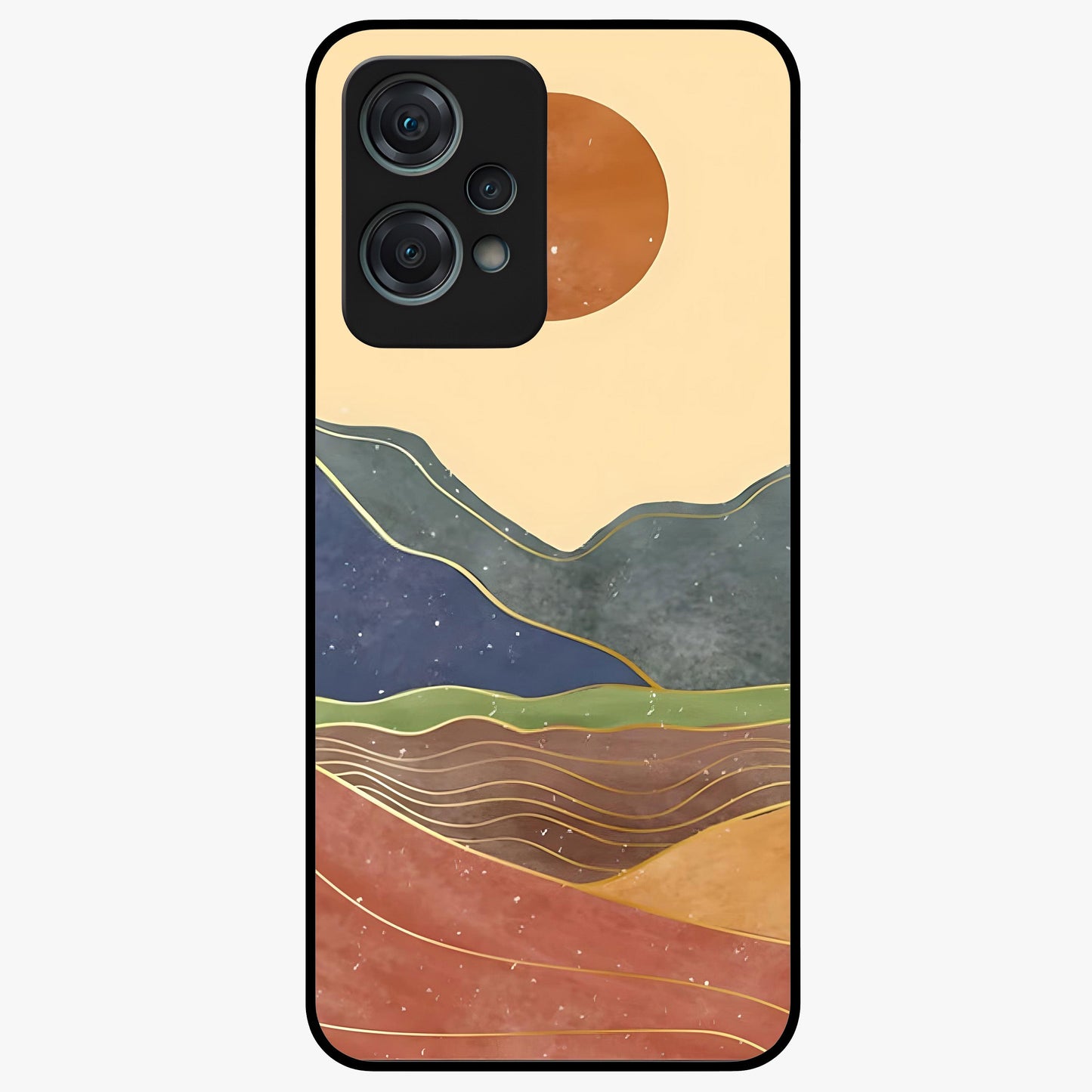Abstract Mountain Glow Glass Case for 1+Nord Ce 2 Lite front view featuring glowing mountain landscape artwork