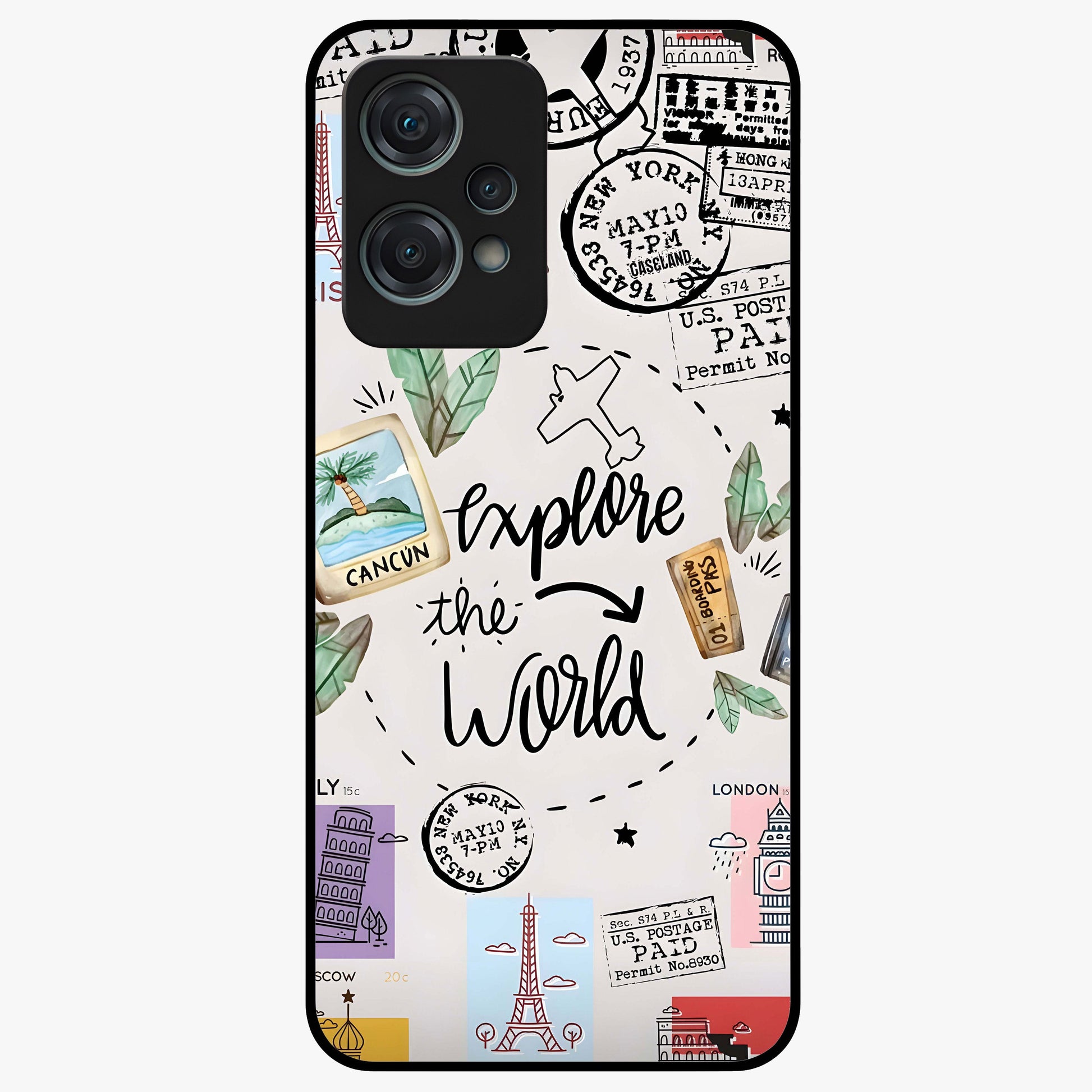 Adventure Awaits Art Glass Case for 1+Nord Ce 2 Lite front view featuring bold travel inspired typography artwork