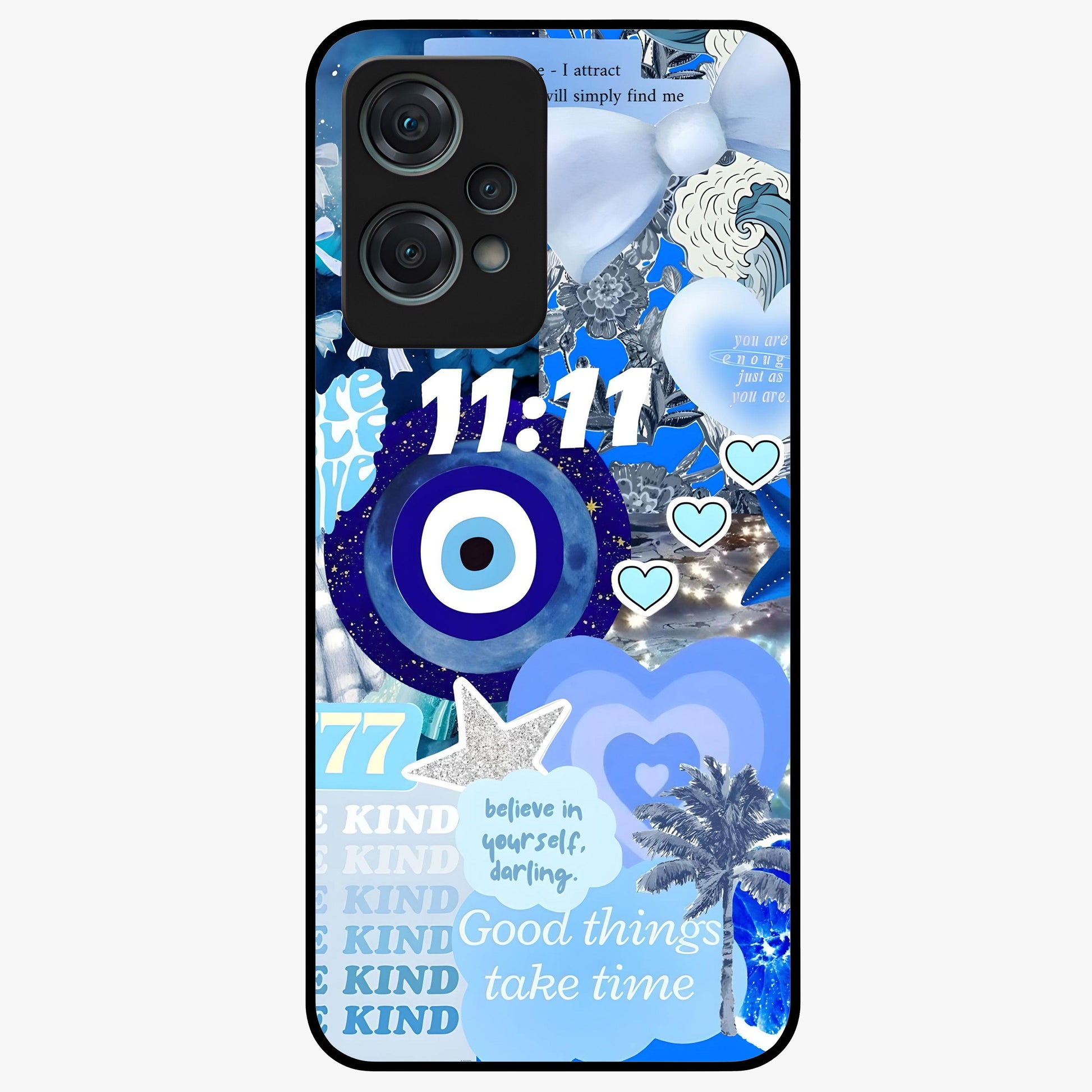 Aesthetic Be Kind Eye Glass Case for 1+Nord Ce 2 Lite front view featuring minimal eye illustration with positive message