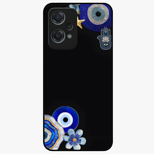 Aesthetic Blue Evil Eye Glass Case for 1+Nord Ce 2 Lite front view featuring vibrant traditional evil eye artwork