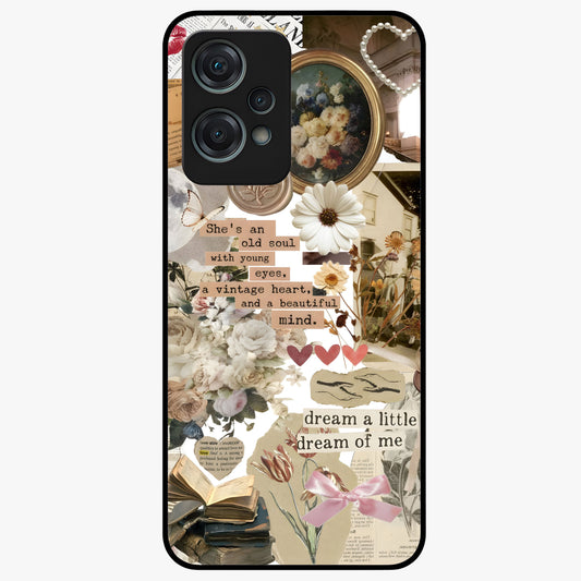Aesthetic Brown Vintage Collage Glass Case for 1+Nord Ce 2 Lite front view featuring retro collage artwork in earthy tones