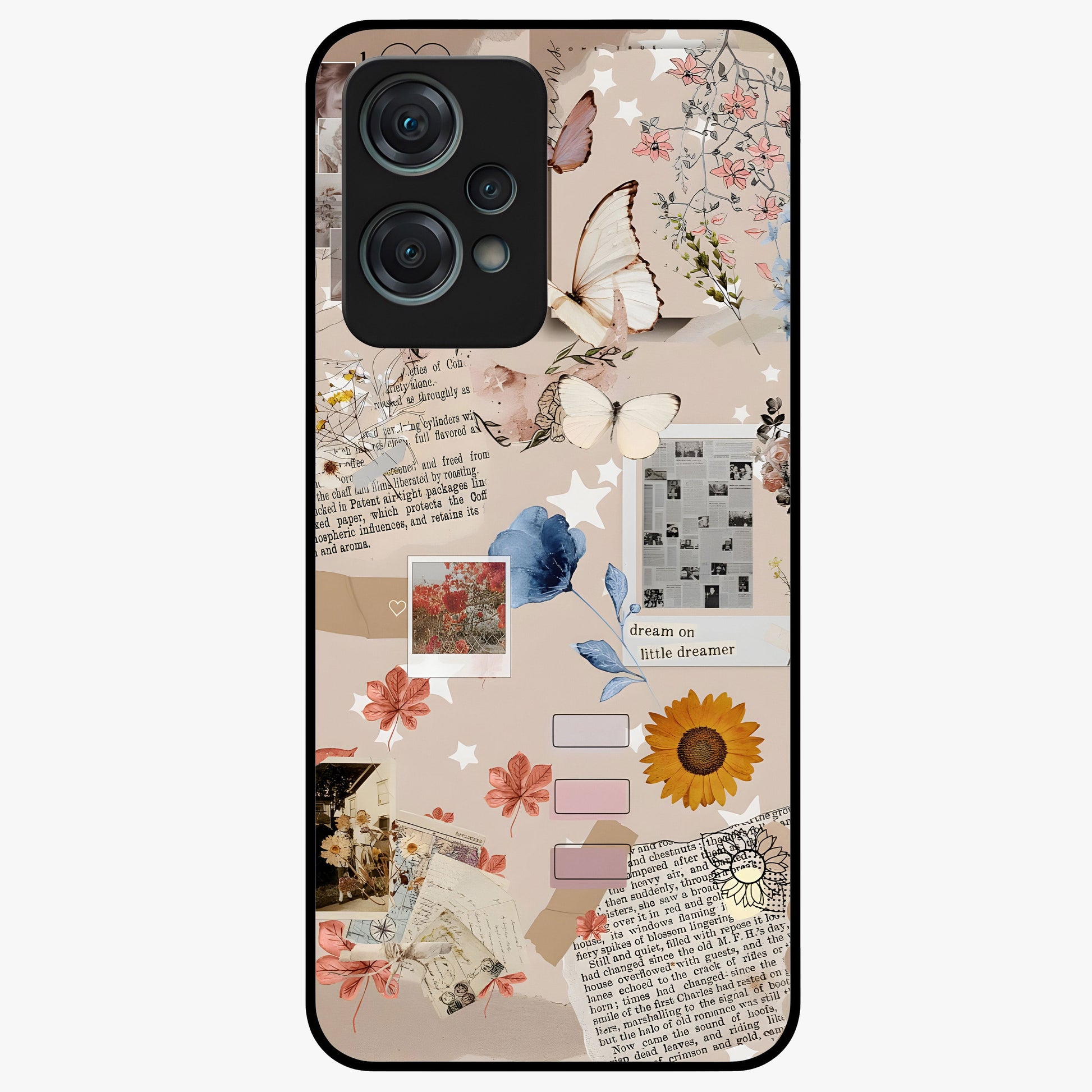 Aesthetic Butterfly Glass Case for 1+Nord Ce 2 Lite front view featuring elegant butterfly artwork with soft aesthetic tones