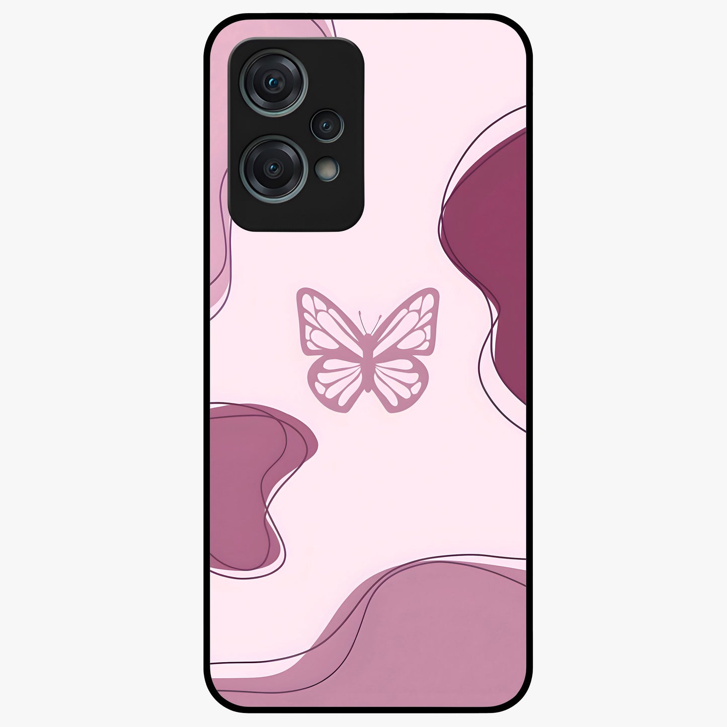 Aesthetic Pinkish Custom Name Butterfly Glass Case for 1+Nord Ce 2 Lite elegant front view featuring pink butterfly artwork with personalized name design