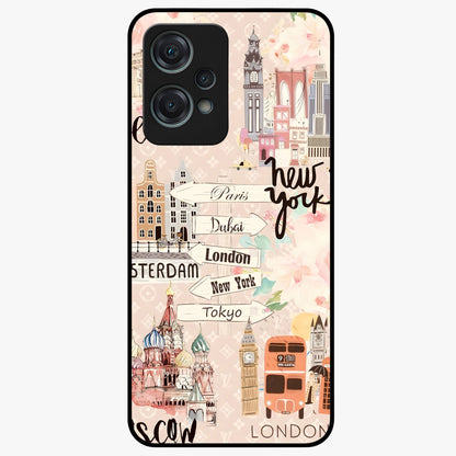 Aesthetic Travel Glass Case for 1+Nord Ce 2 Lite front view featuring wanderlust inspired travel artwork