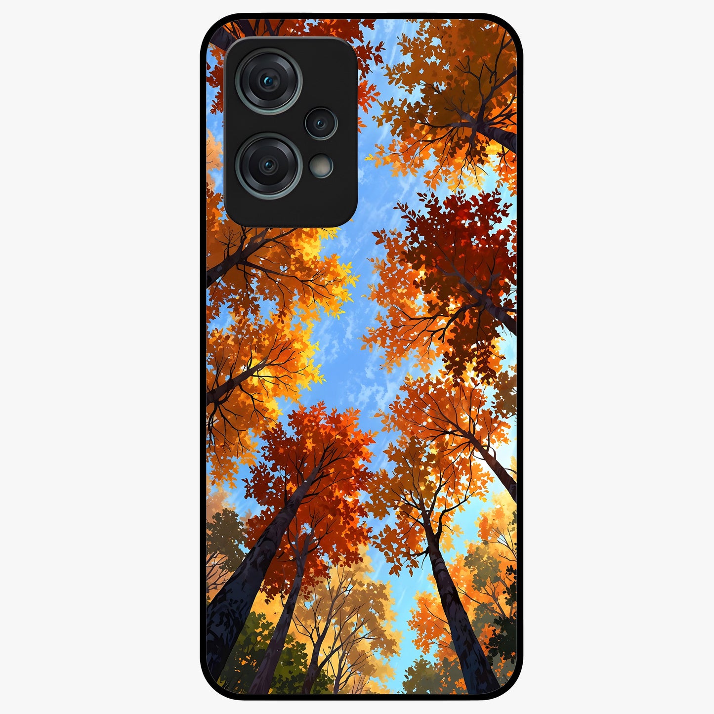 Amber Canopy Glow Glass Case for 1+Nord Ce 2 Lite warm front view featuring glowing forest canopy artwork