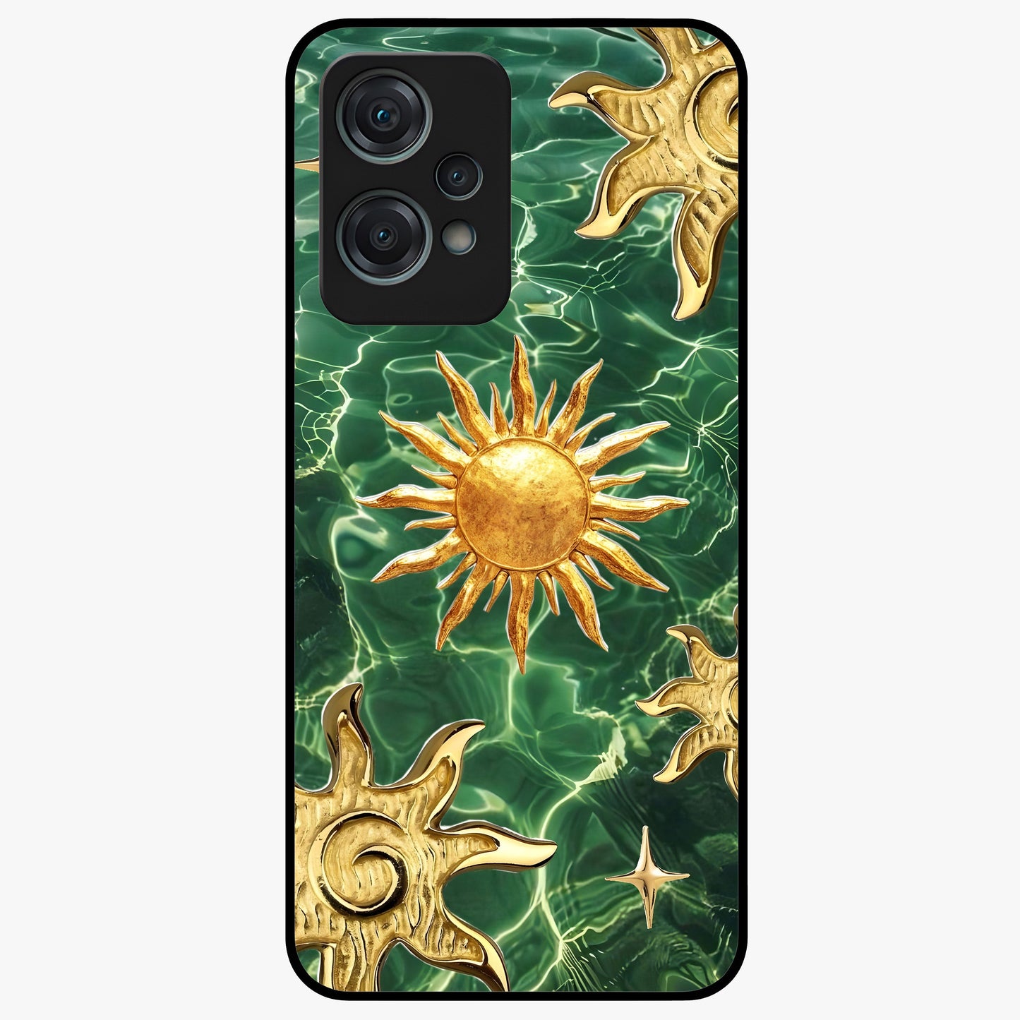 Aqua Sun Mirage Glass Case for 1+Nord Ce 2 Lite vibrant front view featuring aqua blue sun inspired artwork