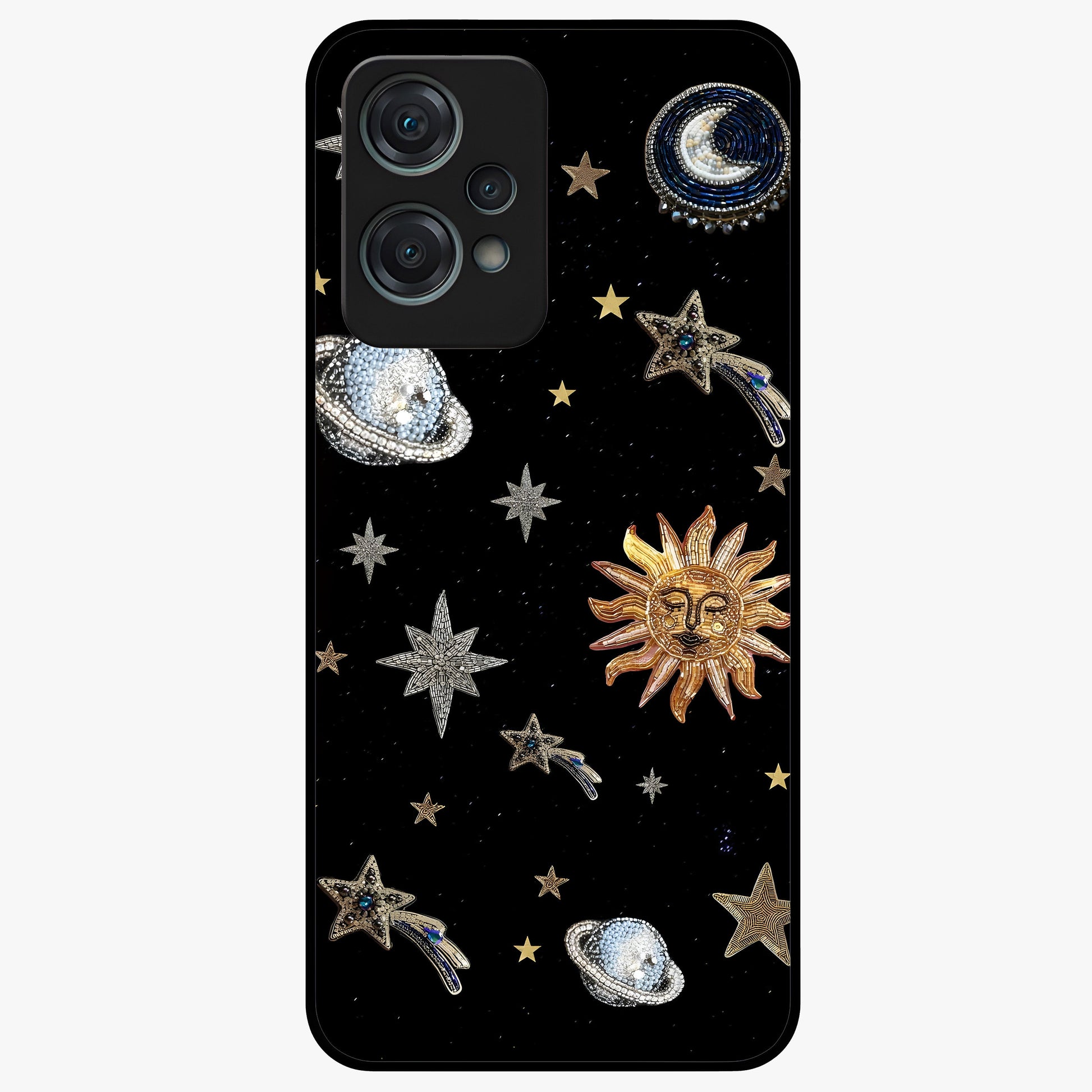 Beaded Cosmic Dreams Glass Case for 1+Nord Ce 2 Lite front view featuring celestial bead inspired cosmic artwork