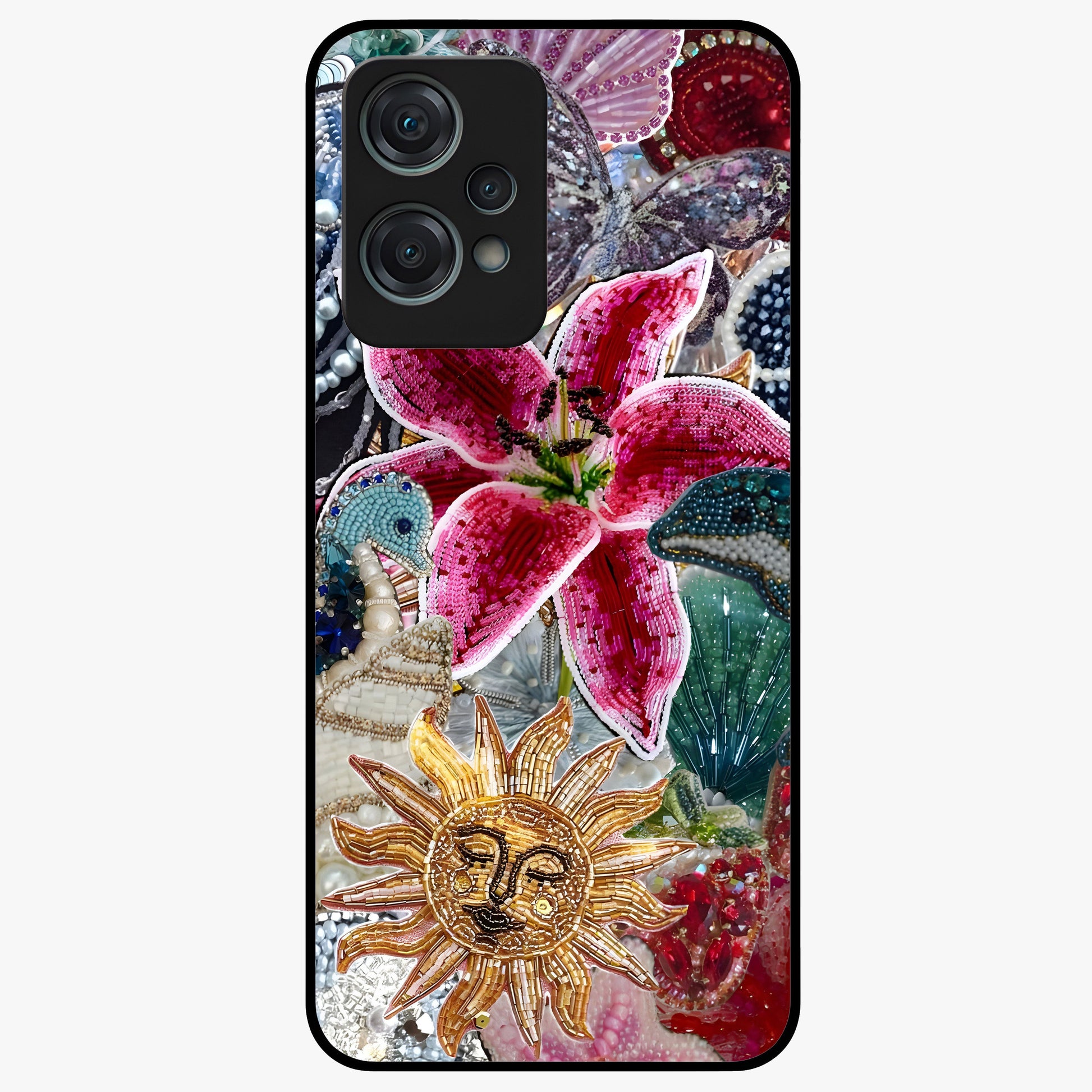 Beaded Garden Fantasy Glass Case for 1+Nord Ce 2 Lite front view featuring colorful beaded floral garden artwork