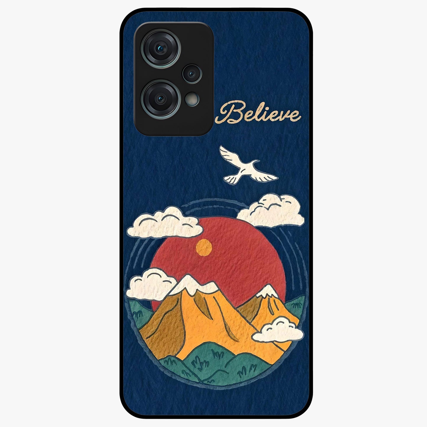 Believe Sky Escape Glass Case for 1+Nord Ce 2 Lite inspirational front view featuring sky inspired artwork with uplifting message