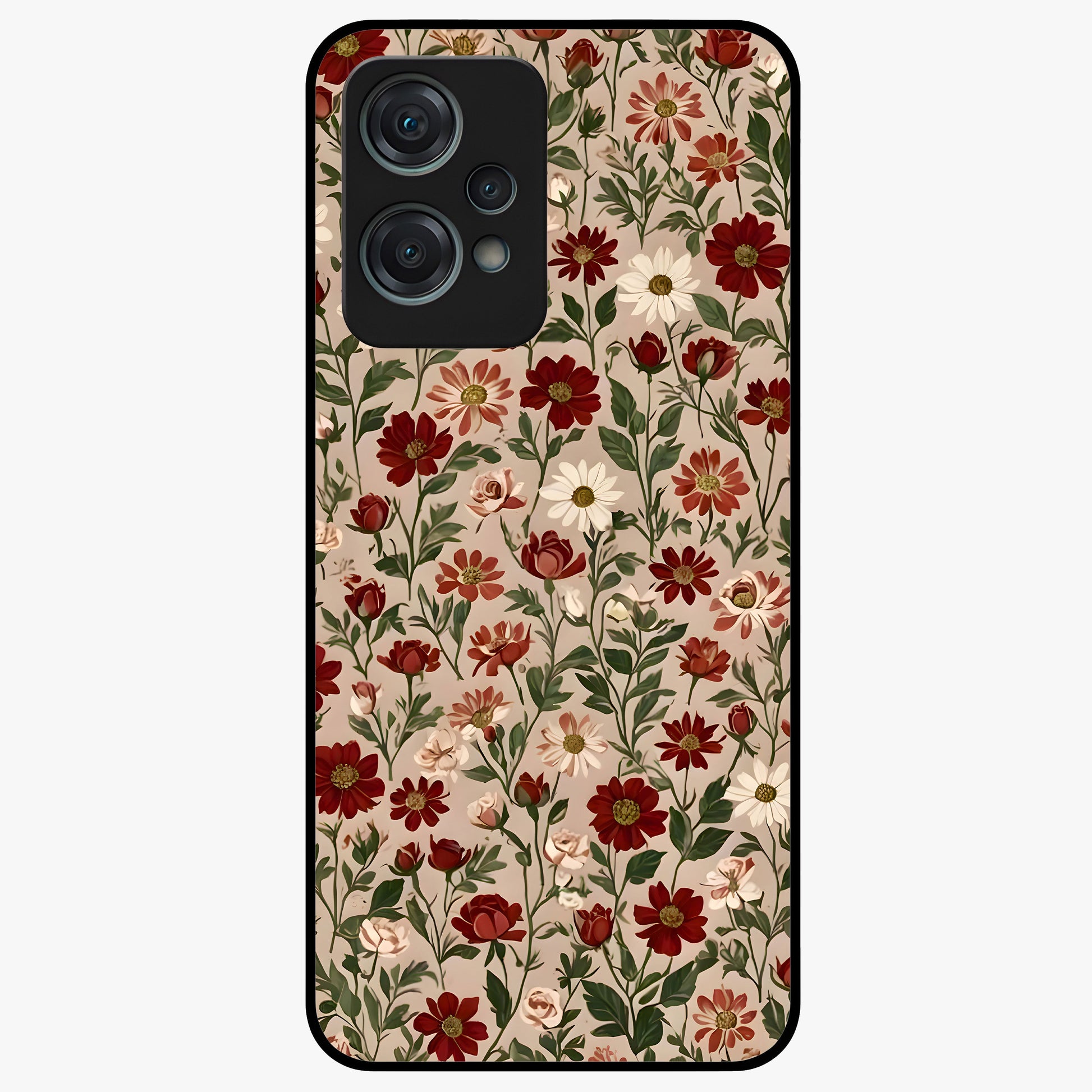 Biege Flower With Leaf Glass Case for 1+Nord Ce 2 Lite front view featuring soft beige floral artwork with leaf detailing