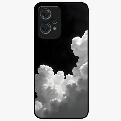 Black Background With White Cloud Glass Case for 1+Nord Ce 2 Lite striking front view featuring white cloud artwork on deep black backdrop