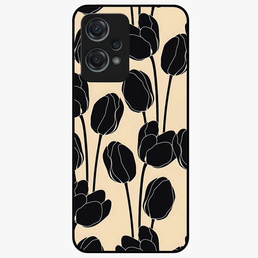 Black Designer Tulip Glass Case for 1+Nord Ce 2 Lite elegant front view featuring refined tulip artwork on black background