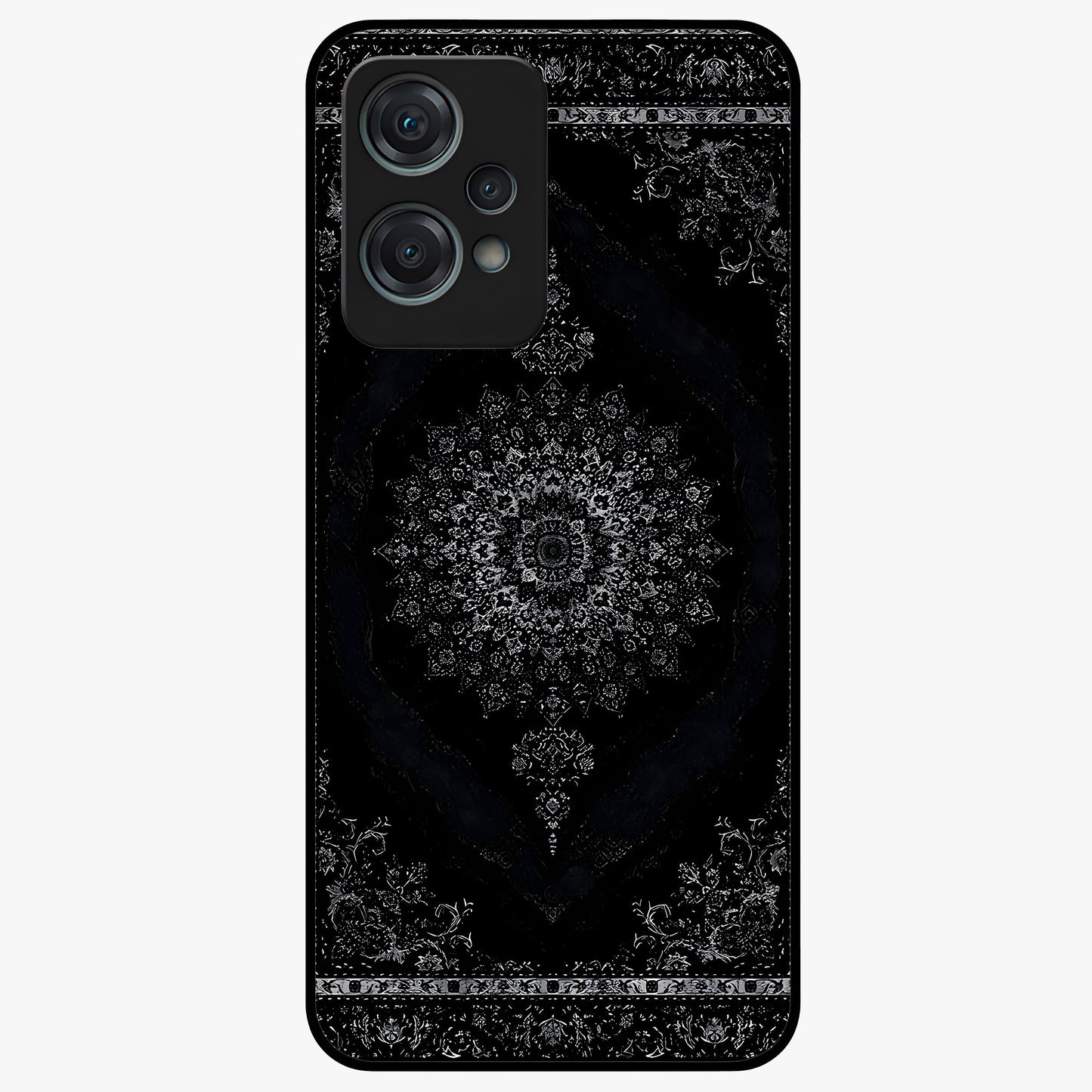 Black Persian Carpet Glass Case for 1+Nord Ce 2 Lite rich front view featuring intricate Persian carpet pattern artwork