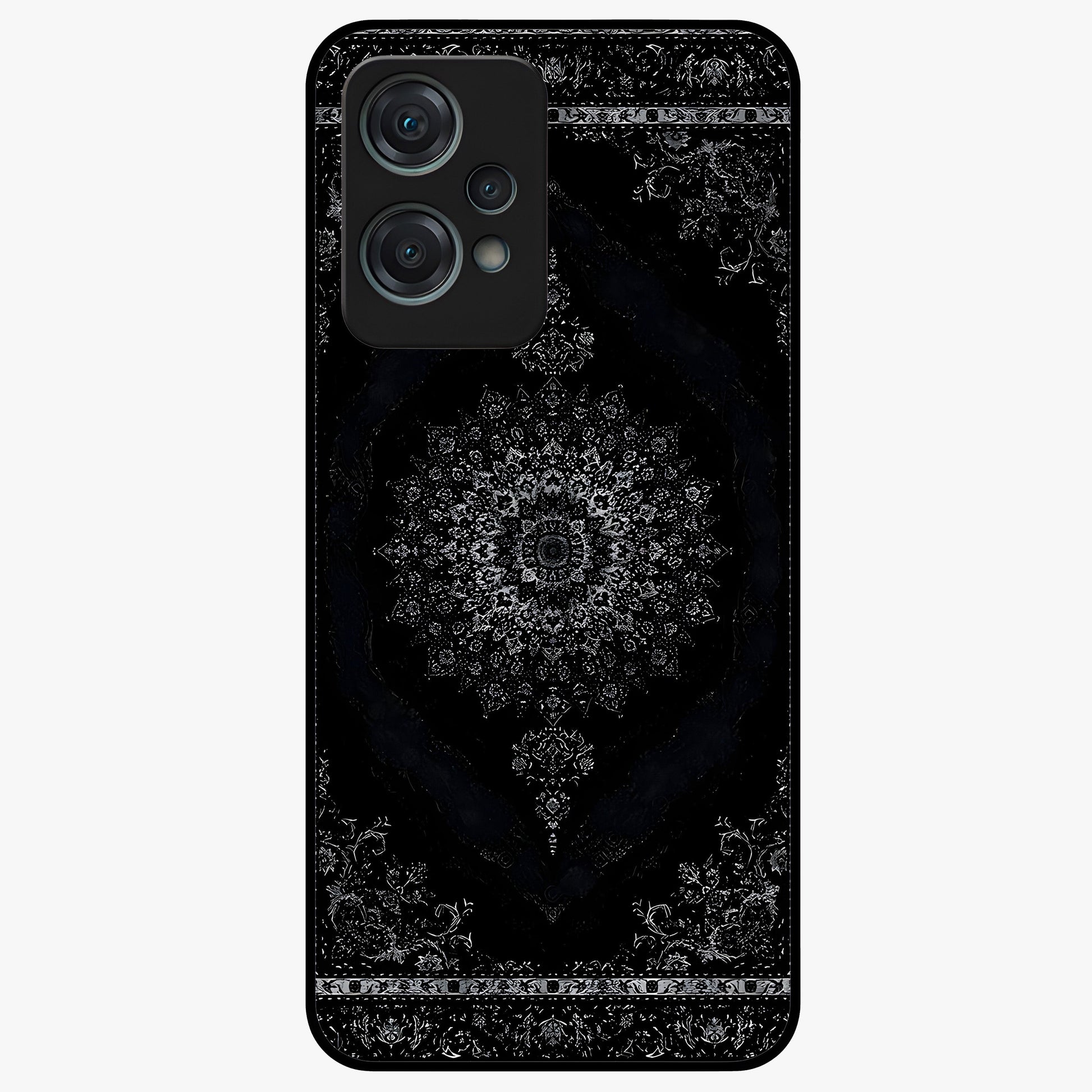 Black Persian Carpet Glass Case for 1+Nord Ce 2 Lite rich front view featuring intricate Persian carpet pattern artwork