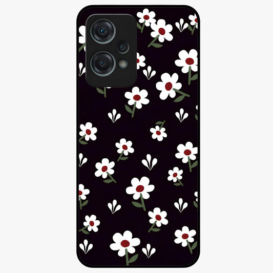 Black Prints Daisy Flower Pattern Glass Case for 1+Nord Ce 2 Lite front view featuring white daisy floral artwork on black base