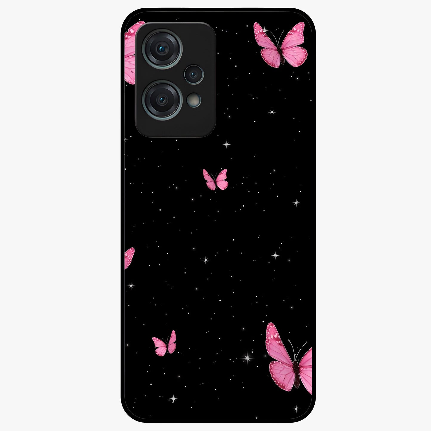 Blinking Butterfly Glass Case for 1+Nord Ce 2 Lite showing full back design in clean flat view with delicate butterfly artwork and glossy glass finish.