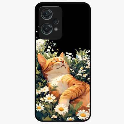 Blissful Bloom Cat Glass Case for 1+Nord Ce 2 Lite charming front view featuring floral cat artwork with soft aesthetic tones