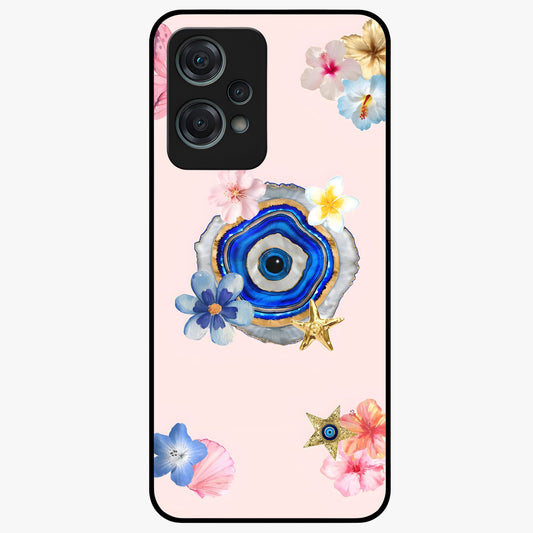 Blossom Evil Charm Glass Case for 1+Nord Ce 2 Lite elegant front view featuring floral evil eye inspired artwork