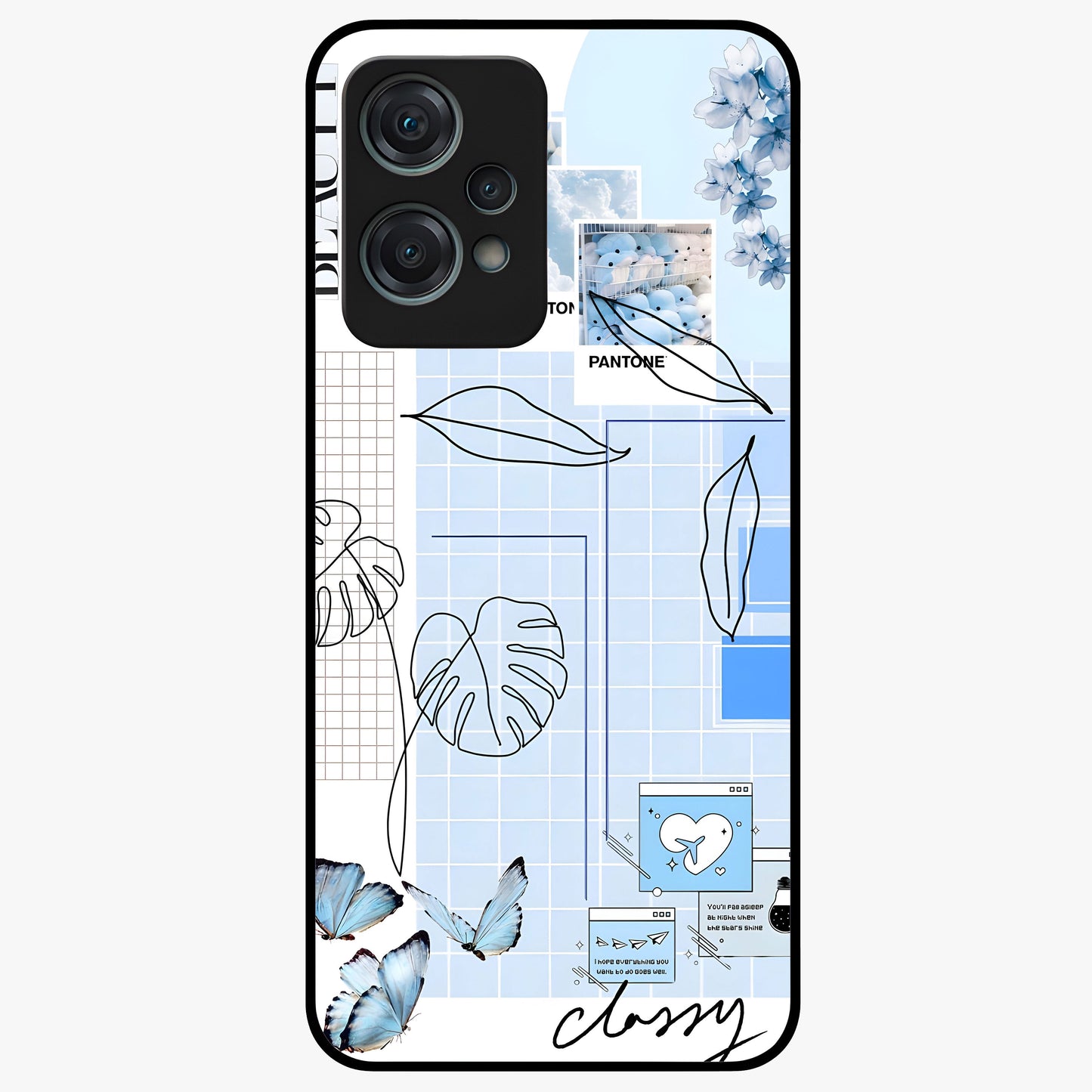 Blue Aesthetic Flower Glass Case for 1+Nord Ce 2 Lite elegant front view featuring soft blue floral artwork