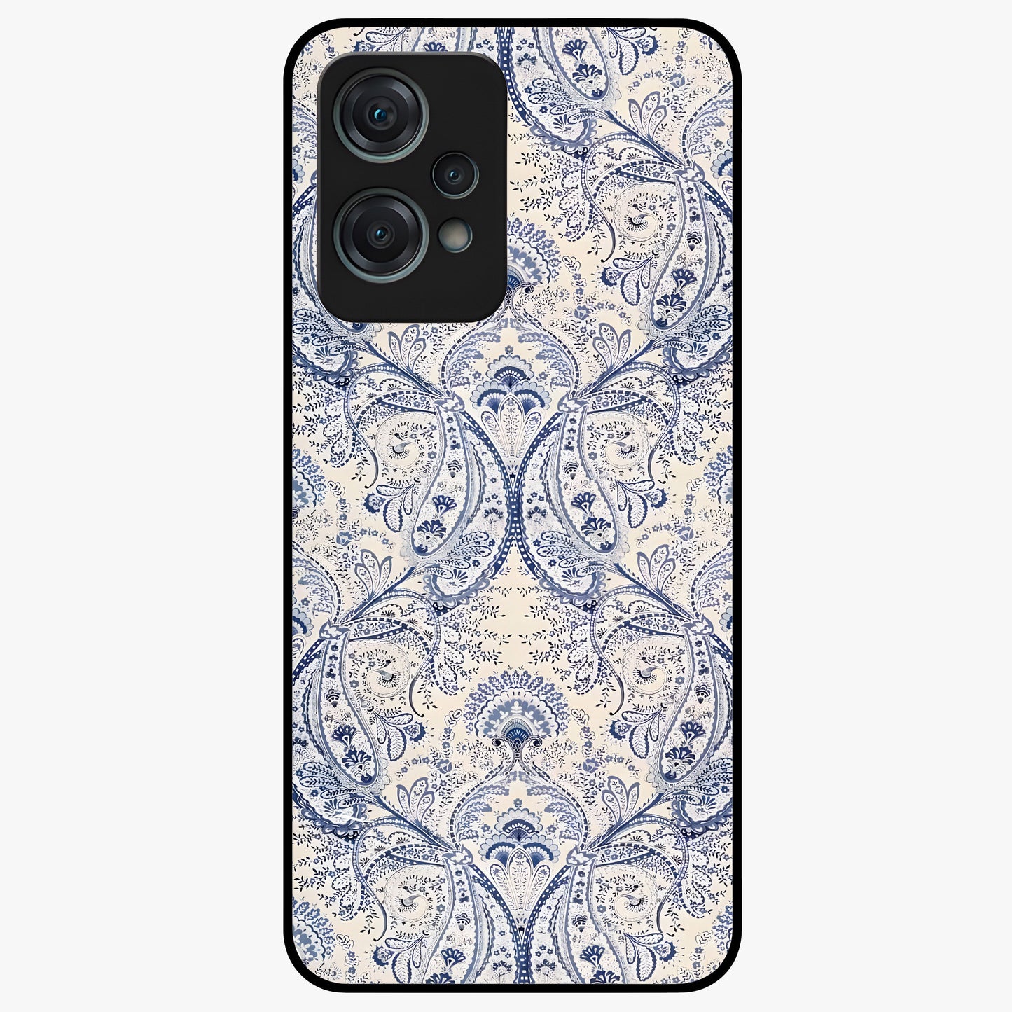 Blue Paisley Bloom Glass Case for 1+Nord Ce 2 Lite intricate front view featuring paisley floral artwork in rich blue tones