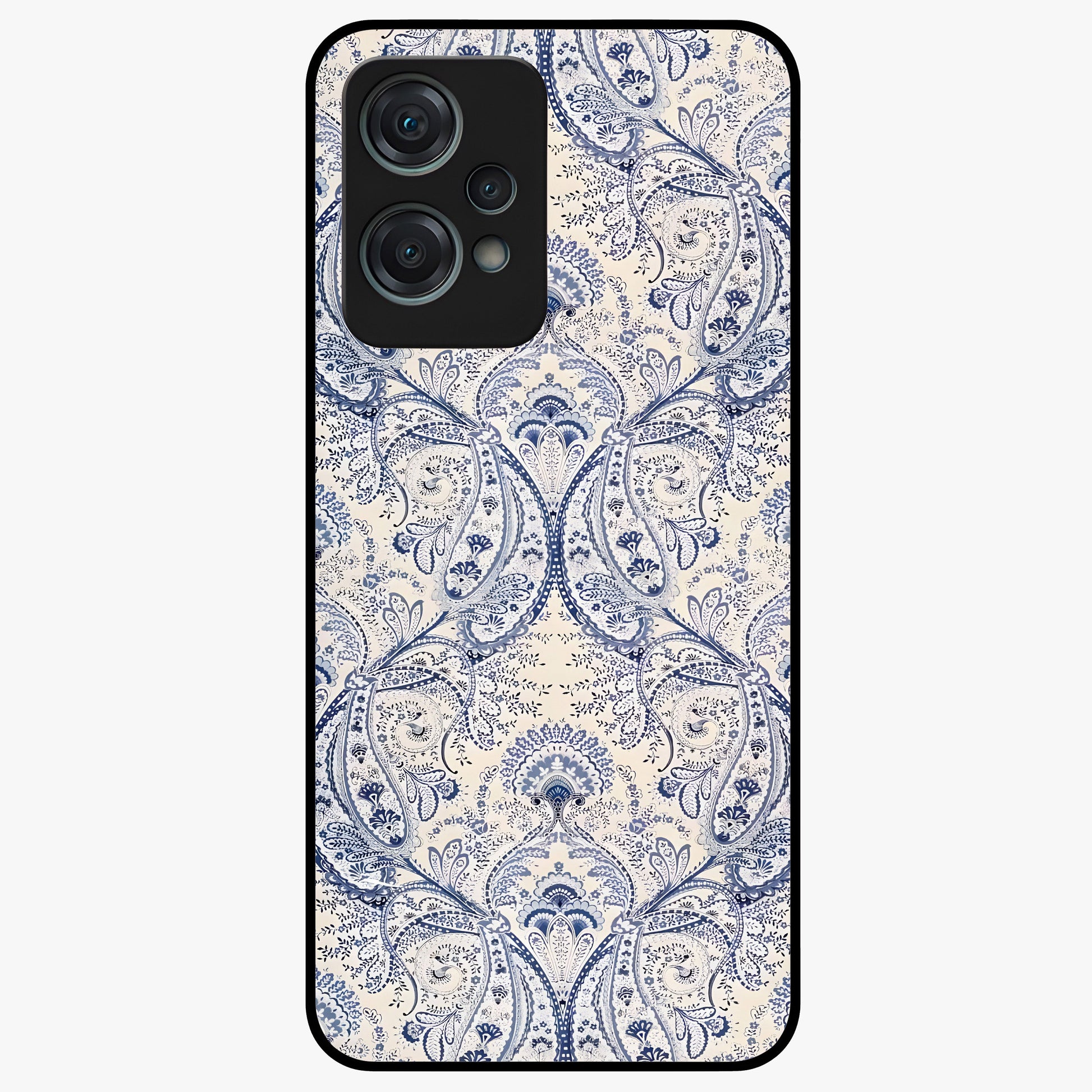 Blue Paisley Bloom Glass Case for 1+Nord Ce 2 Lite intricate front view featuring paisley floral artwork in rich blue tones