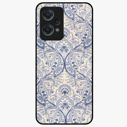 Blue Paisley Bloom Glass Case for 1+Nord Ce 2 Lite intricate front view featuring paisley floral artwork in rich blue tones