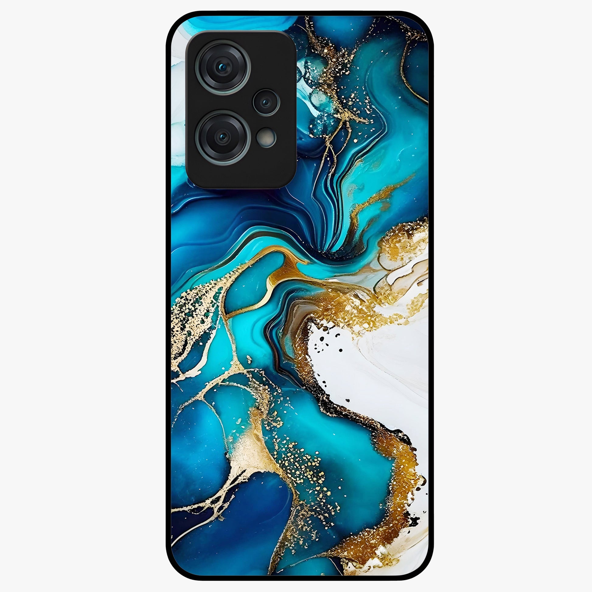 Blue and White Marble With Golden Viens Art Glass Case for 1+Nord Ce 2 Lite luxurious front view featuring marble texture with golden vein detailing