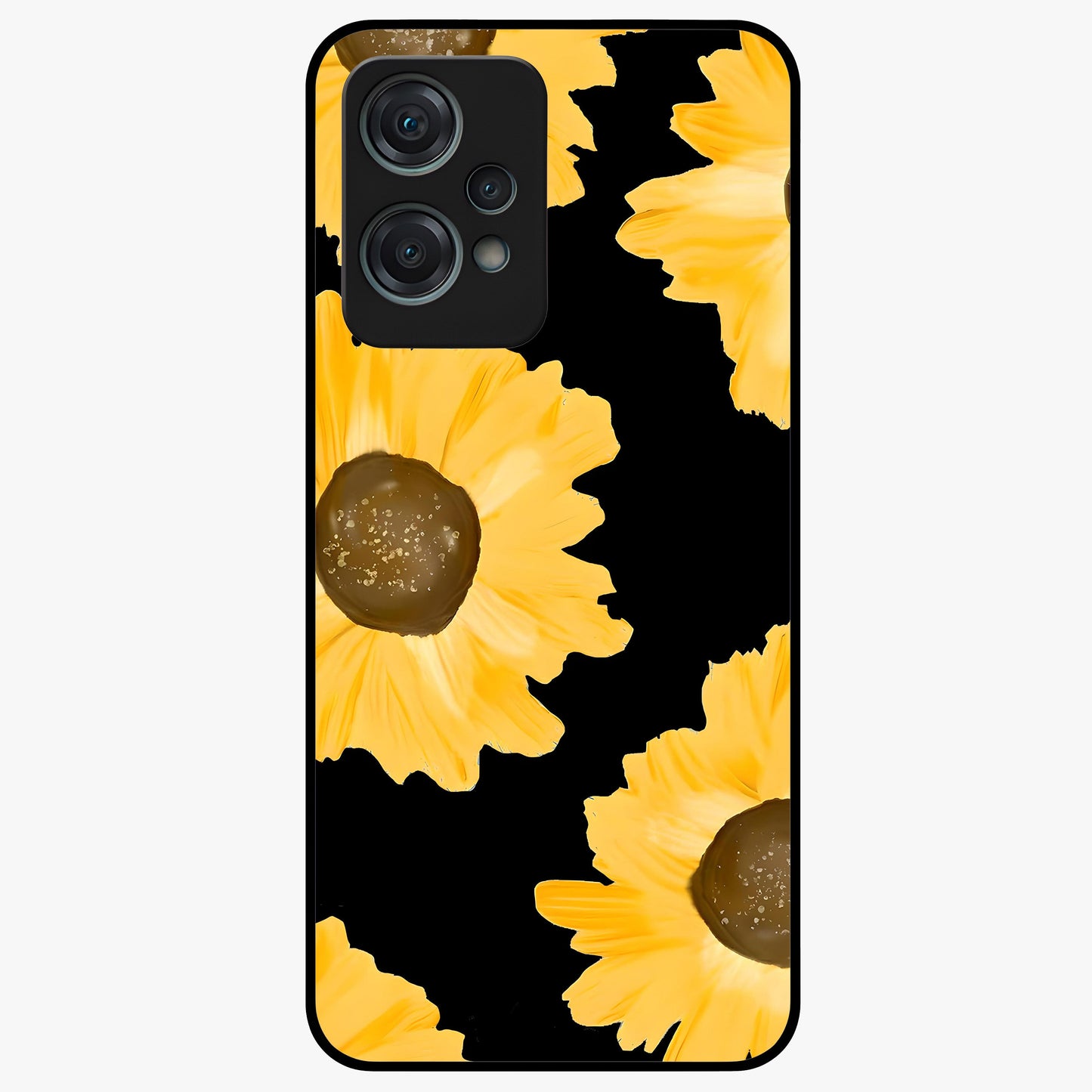 Bold Sunflowers Glow Glass Case for 1+Nord Ce 2 Lite vibrant front view featuring radiant sunflower artwork with warm golden tones