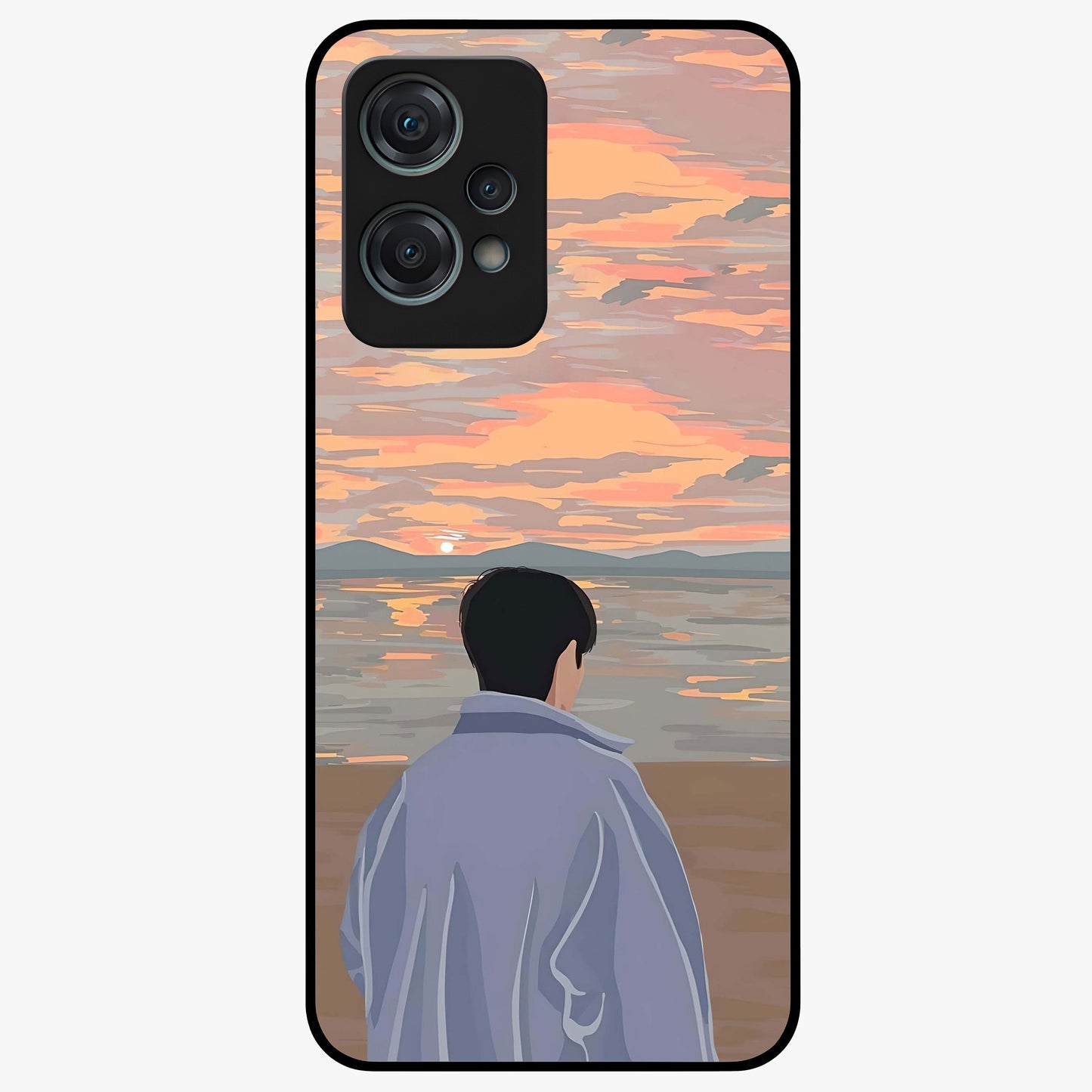 Boy Facing Sunset Beach Glass Case for 1+Nord Ce 2 Lite scenic front view featuring silhouette artwork against glowing sunset sky