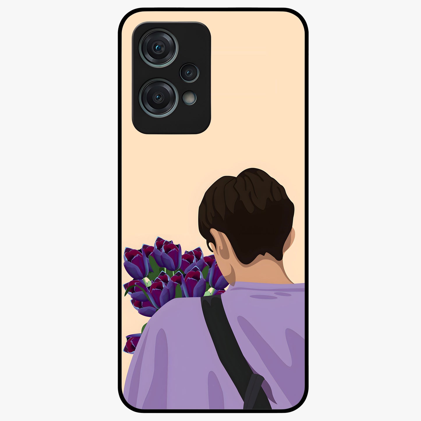 Boy Holding Flowers Glass Case for 1+Nord Ce 2 Lite aesthetic front view featuring soft illustrated character holding floral bouquet