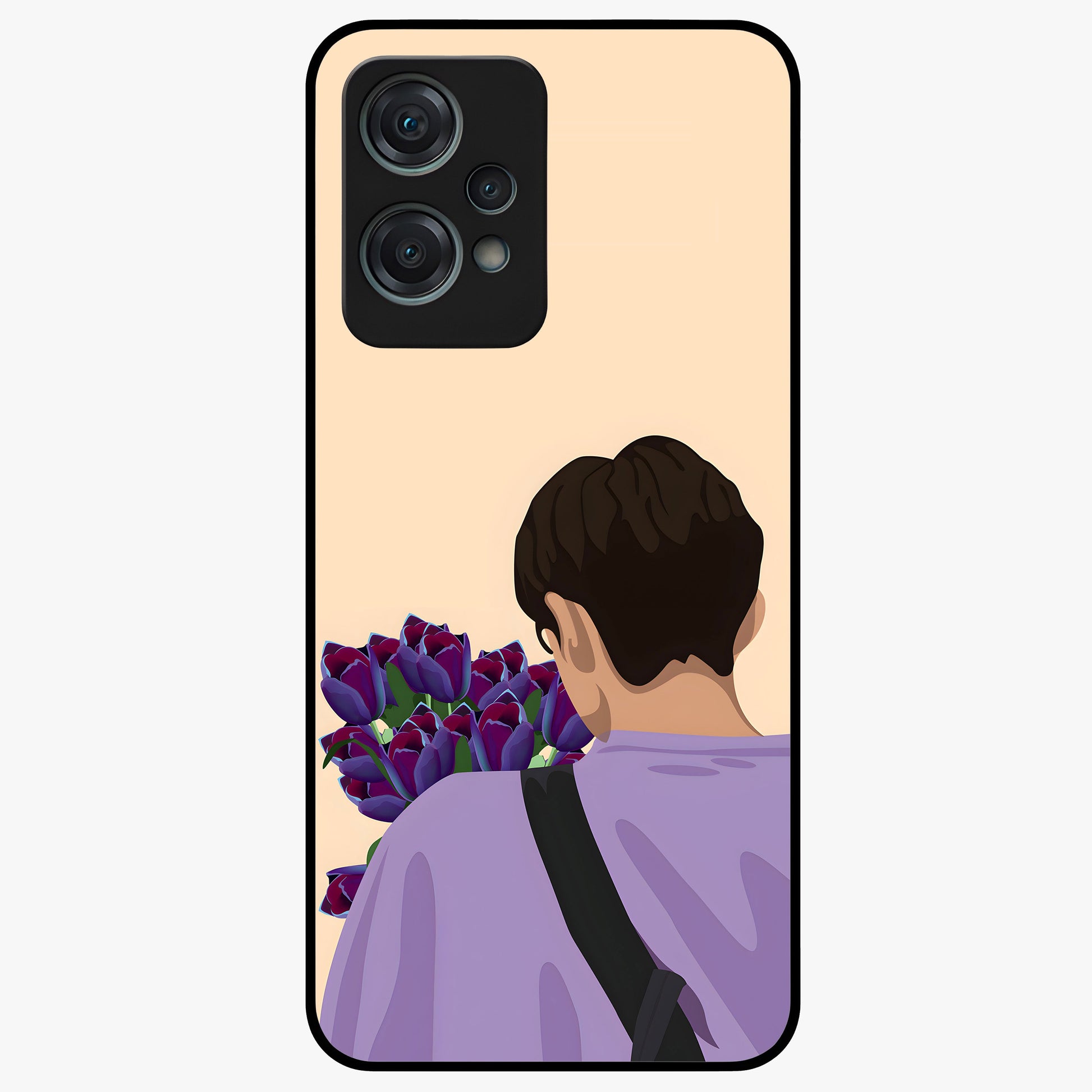 Boy Holding Flowers Glass Case for 1+Nord Ce 2 Lite aesthetic front view featuring soft illustrated character holding floral bouquet