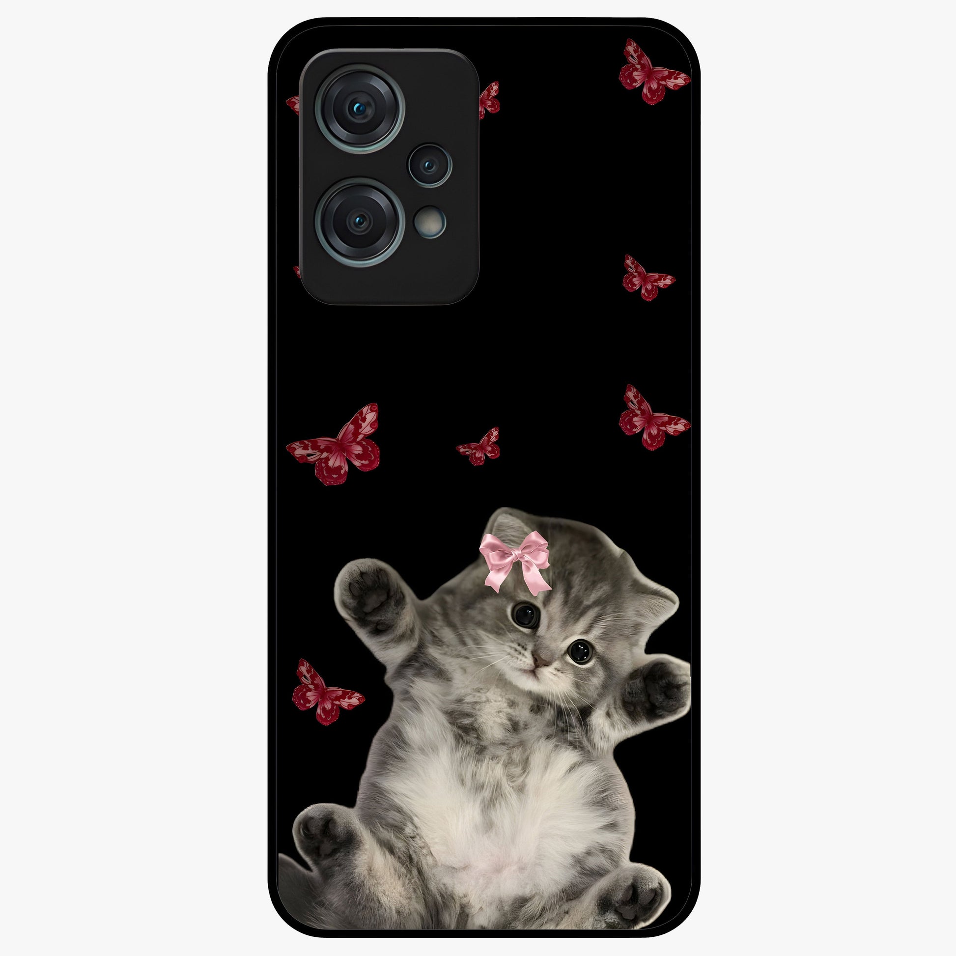 Butterfly Cat Bliss Glass Case for 1+Nord Ce 2 Lite charming front view featuring cat and butterfly aesthetic artwork