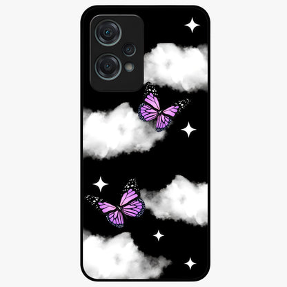 Butterfly Night Drift Glass Case for 1+Nord Ce 2 Lite dreamy front view featuring butterfly artwork with dark night inspired tones