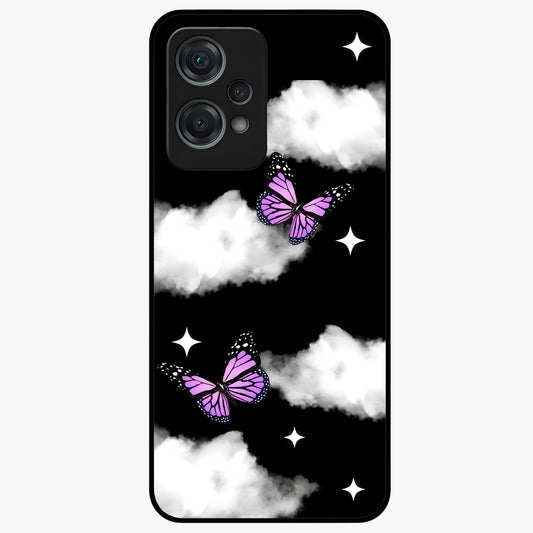 Butterfly Night Drift Glass Case for 1+Nord Ce 2 Lite dreamy front view featuring butterfly artwork with dark night inspired tones