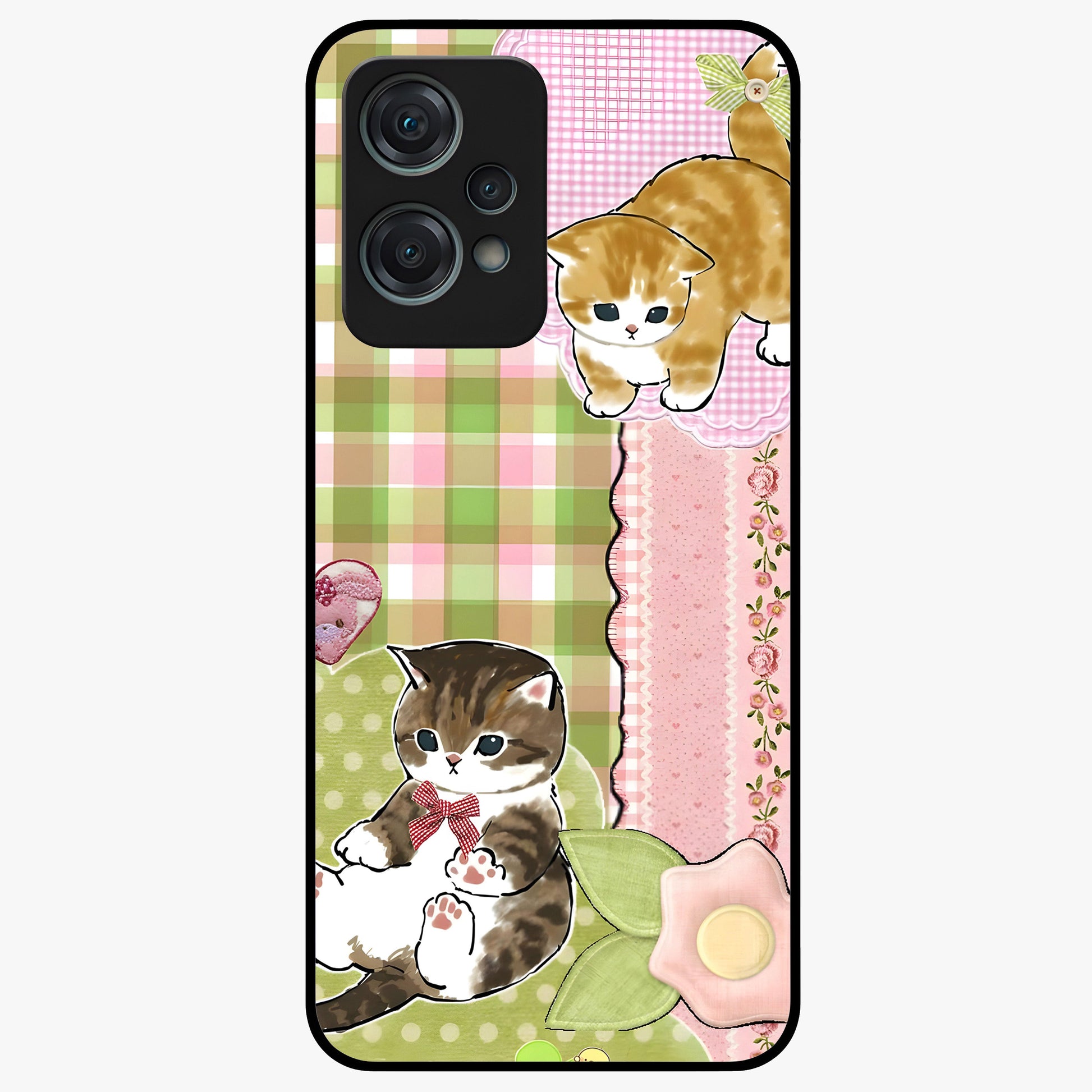 Cats Sweet Button Glass Case for 1+Nord Ce 2 Lite adorable front view featuring cute cat artwork with sweet pastel tones