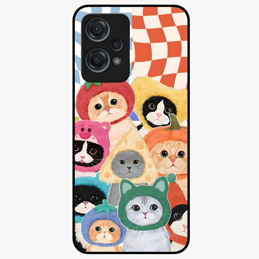 Cats in Fruits Glass Case for 1+Nord Ce 2 Lite playful front view featuring cute cat illustrations with vibrant fruit artwork