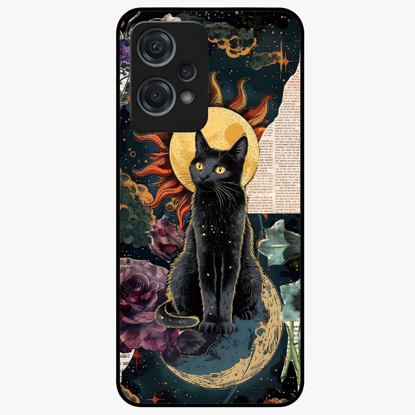 Celestial Black Cat Glass Case for 1+Nord Ce 2 Lite mystical front view featuring black cat artwork with cosmic background
