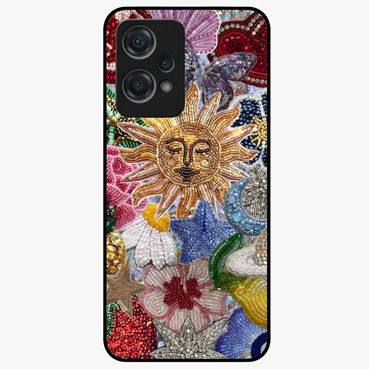 Celestial Floral and Playful Glass Case for 1+Nord Ce 2 Lite vibrant front view featuring floral artwork blended with cosmic elements