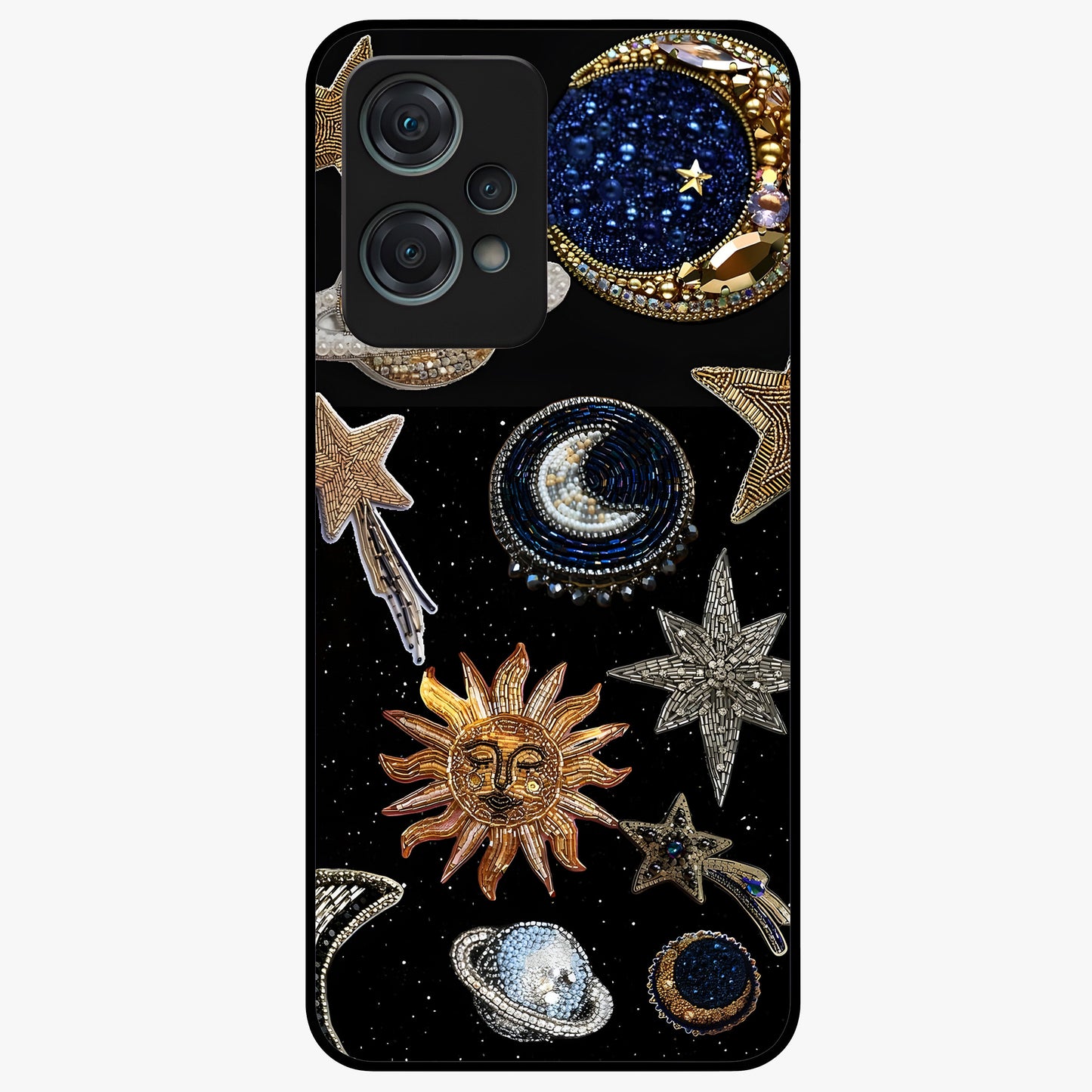 Celestial Gem Constellations Glass Case for 1+Nord Ce 2 Lite elegant front view featuring gemstone inspired constellation artwork