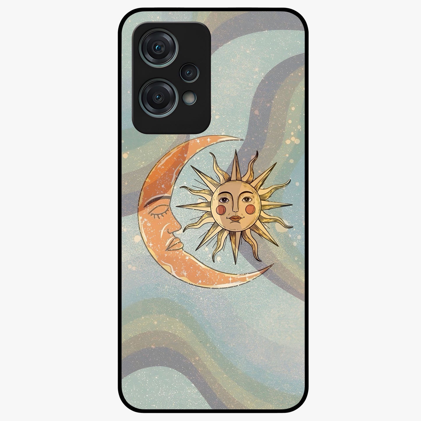 Celestial Harmony Vibes Glass Case for 1+Nord Ce 2 Lite serene front view featuring balanced cosmic artwork with calming tones